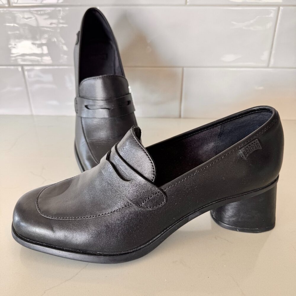 Camper Black Leather Block Heel Loafers